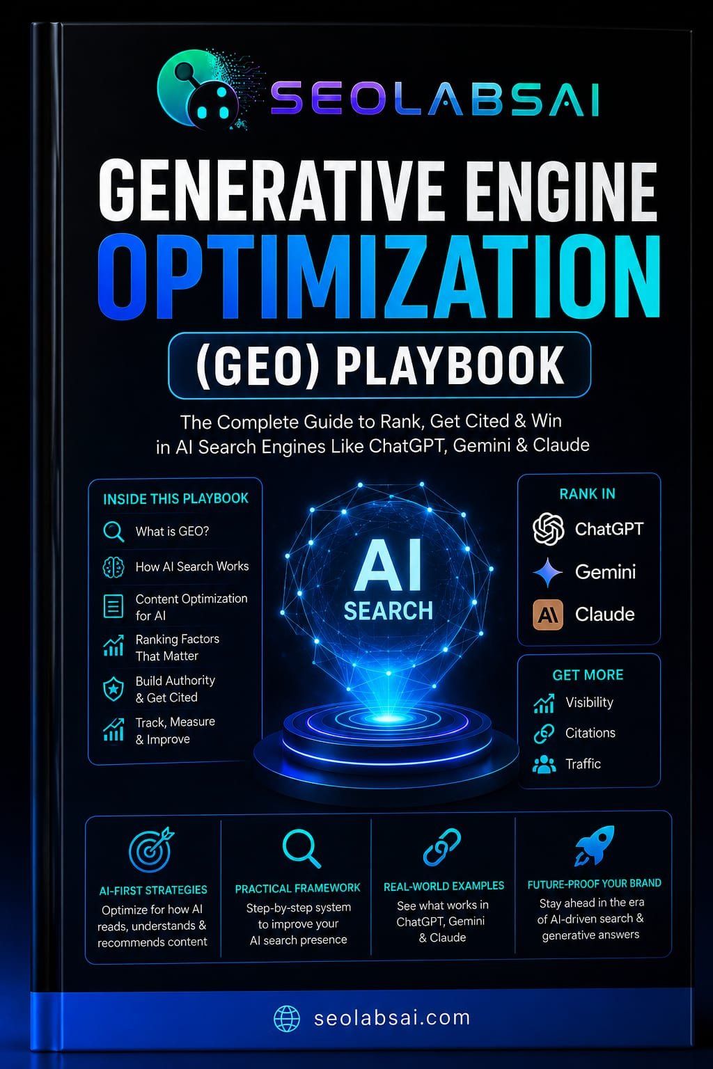 Generative Engine Optimization (GEO) Playbook showing AI search optimization strategies for ChatGPT, Gemini, Claude and modern AI search engines.