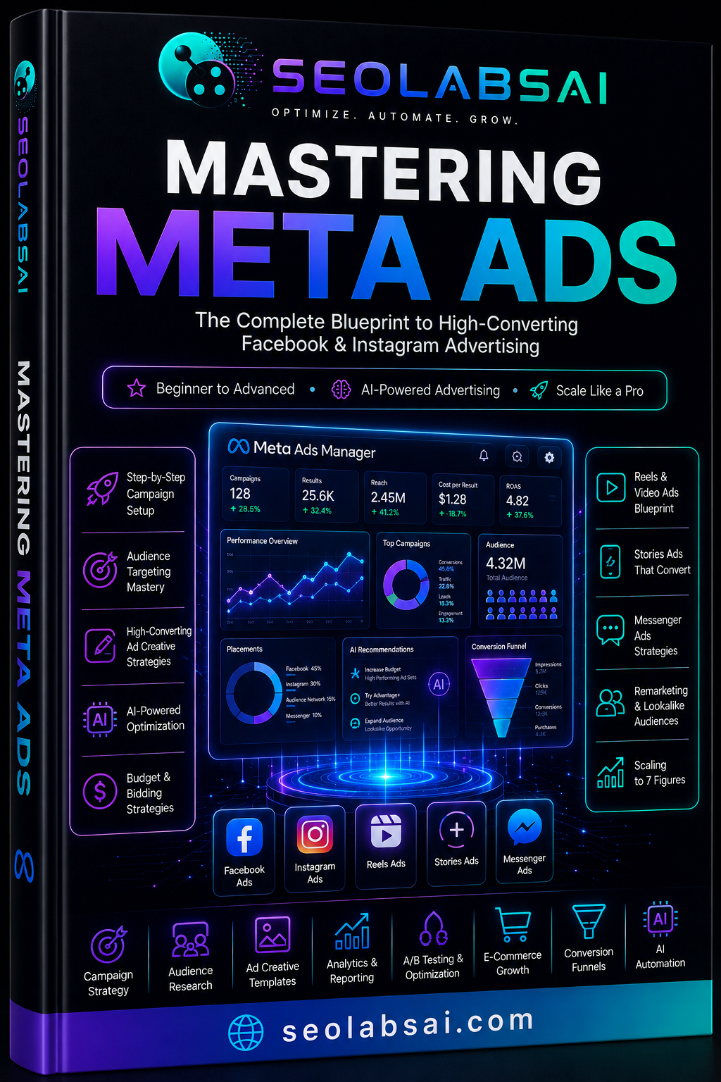 Mastering Meta Ads eBook cover by SEOlabsAI featuring a complete Facebook and Instagram advertising guide with campaign setup, audience targeting, Meta Ads Manager, AI optimization, retargeting, analytics, and scaling strategies.