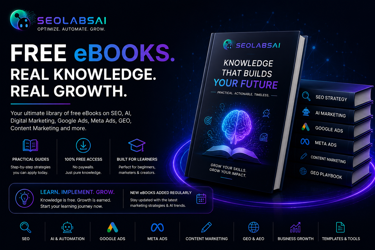 Free AI, SEO and Digital Marketing eBooks by SEOLabsAI featuring downloadable guides on SEO, Google Ads, Meta Ads, GEO, AI Marketing and Content Marketing.
