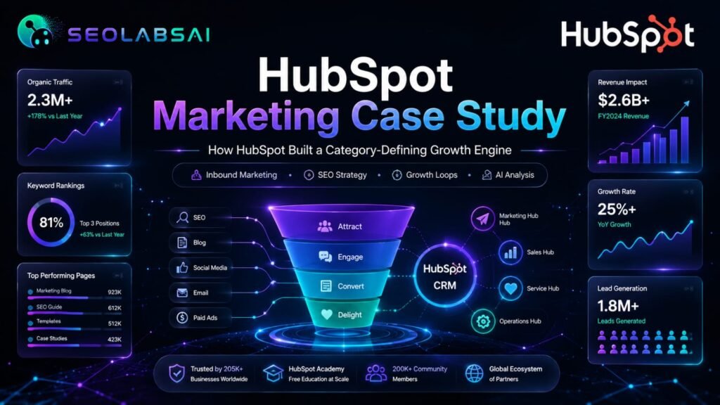 HubSpot marketing case study infographic showing inbound marketing funnel, CRM ecosystem, SEO strategy, organic traffic growth, lead generation, revenue growth, and AI-powered marketing analysis by SEOLabsAI.