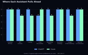Bar chart comparing ChatGPT and Claude across creative writing, SEO content, coding, long documents, marketing ideas, business strategy, image understanding, and natural conversation.