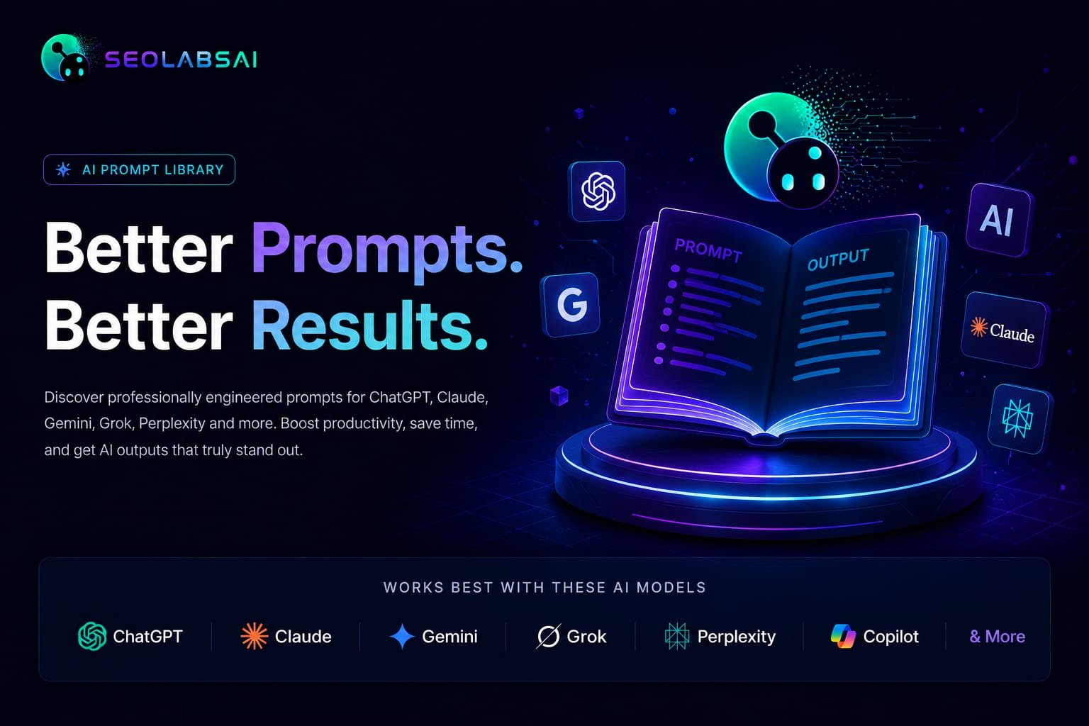 AI Prompt Library featuring ChatGPT, Claude, Gemini, Grok, Perplexity and Copilot prompts for productivity, SEO, marketing and content creation.