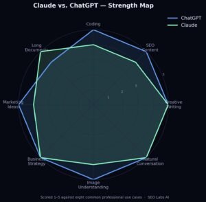 Radar chart comparing ChatGPT and Claude across coding, SEO content, creative writing, natural conversation, business strategy, marketing ideas, image understanding, and long document processing.