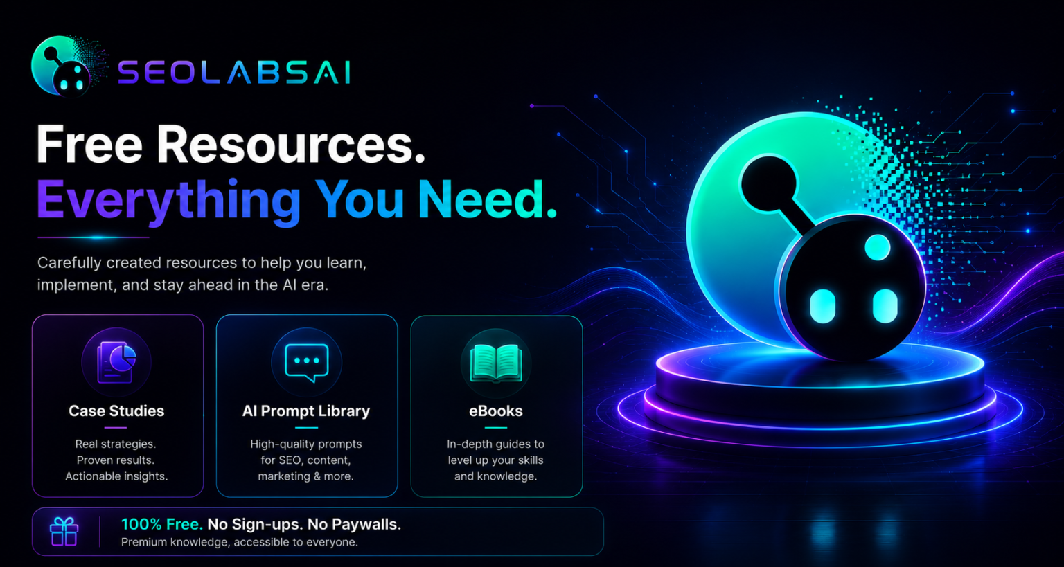 Free Resources hero banner by SEOLABSAI featuring free AI prompt library, SEO case studies, and digital marketing eBooks.