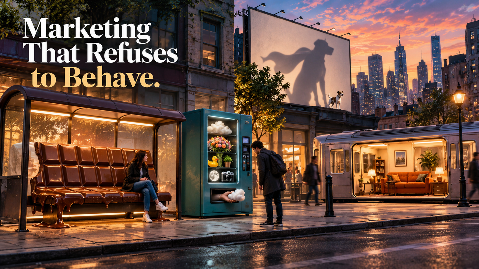 Illustration of a city street where ordinary objects have been transformed into guerrilla marketing installations